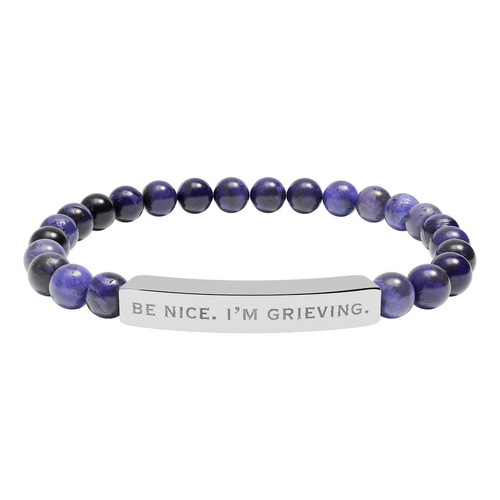 "Be Nice. I'm Grieving." Natural Stone Engraved Stretch Bar Bracelet