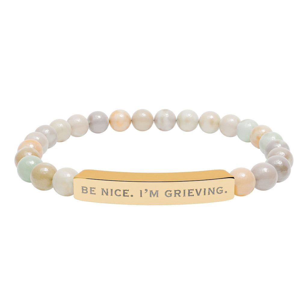 "Be Nice. I'm Grieving." Natural Stone Engraved Stretch Bar Bracelet