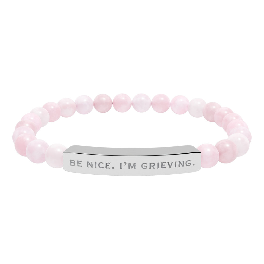 "Be Nice. I'm Grieving." Natural Stone Engraved Stretch Bar Bracelet