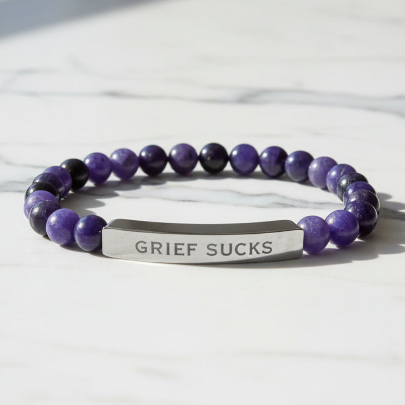 "Grief Sucks" - Natural Stone Engraved Bar Bracelet