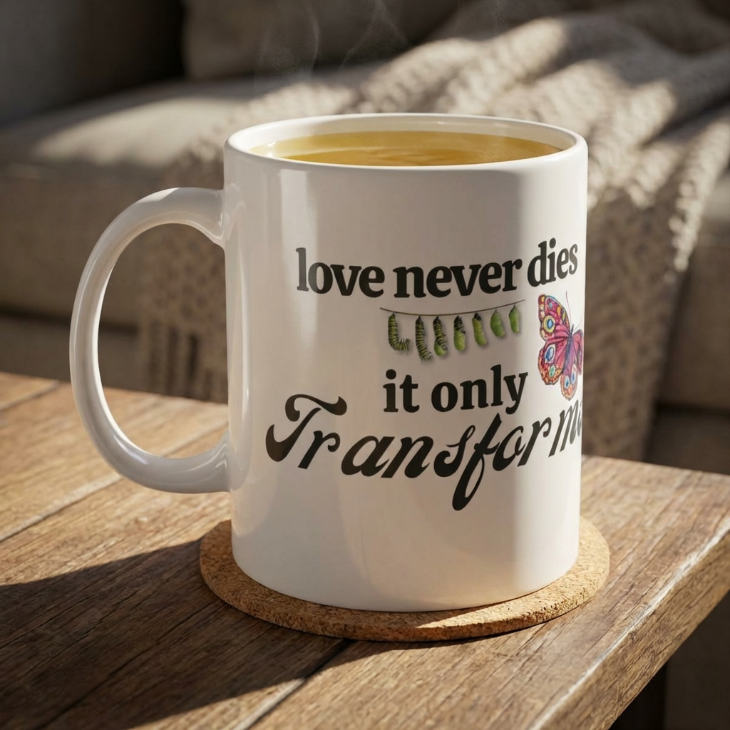 Love Never Dies Memorial Mug – Sympathy Gift, Grief Support Coffee Mug, “Love Never Dies It Only Transforms” 11oz