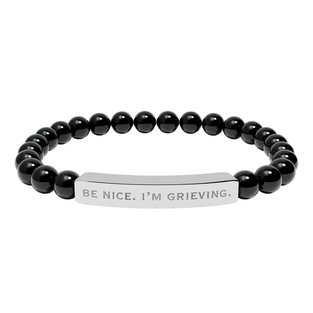 "Be Nice. I'm Grieving." Natural Stone Engraved Stretch Bar Bracelet