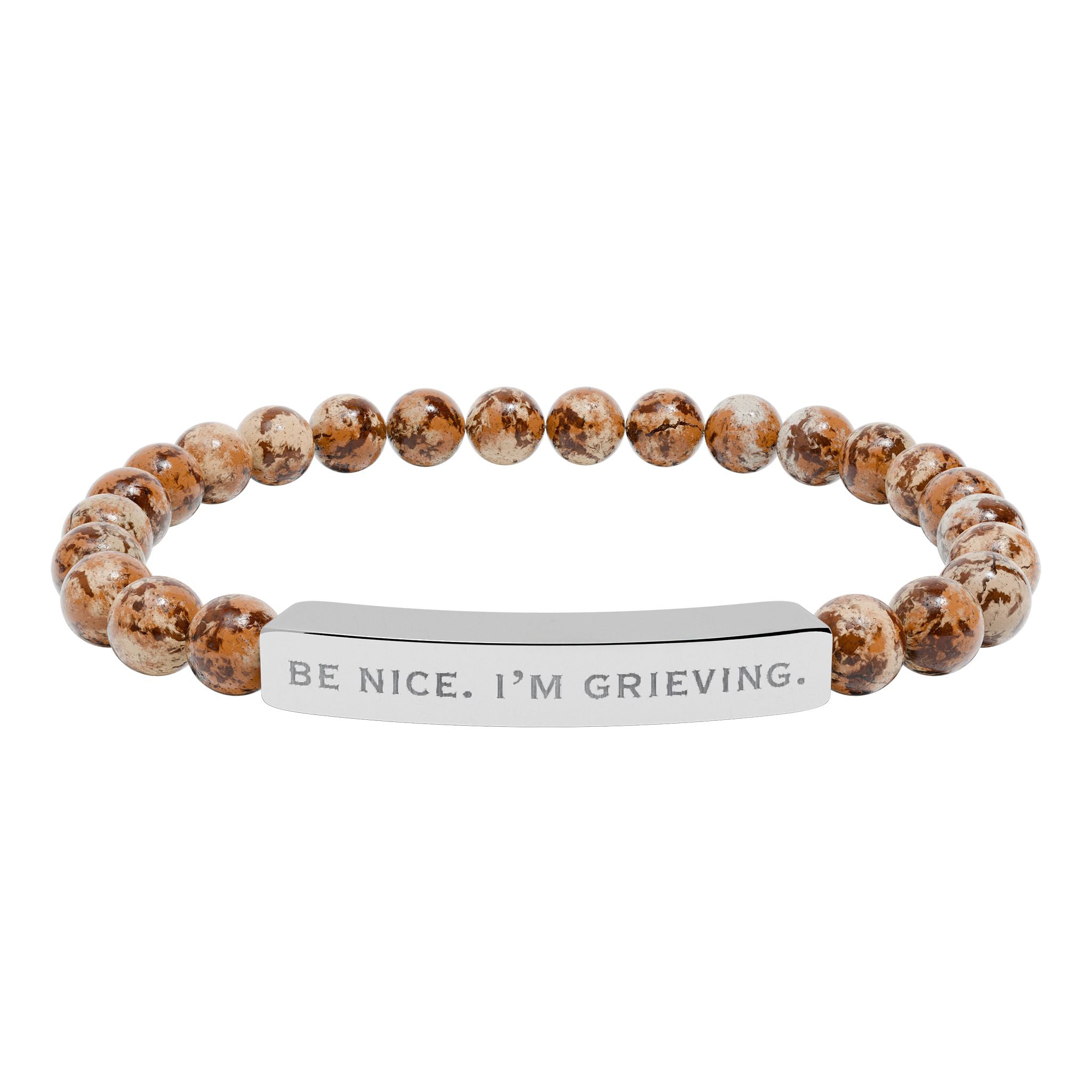"Be Nice. I'm Grieving." Natural Stone Engraved Stretch Bar Bracelet