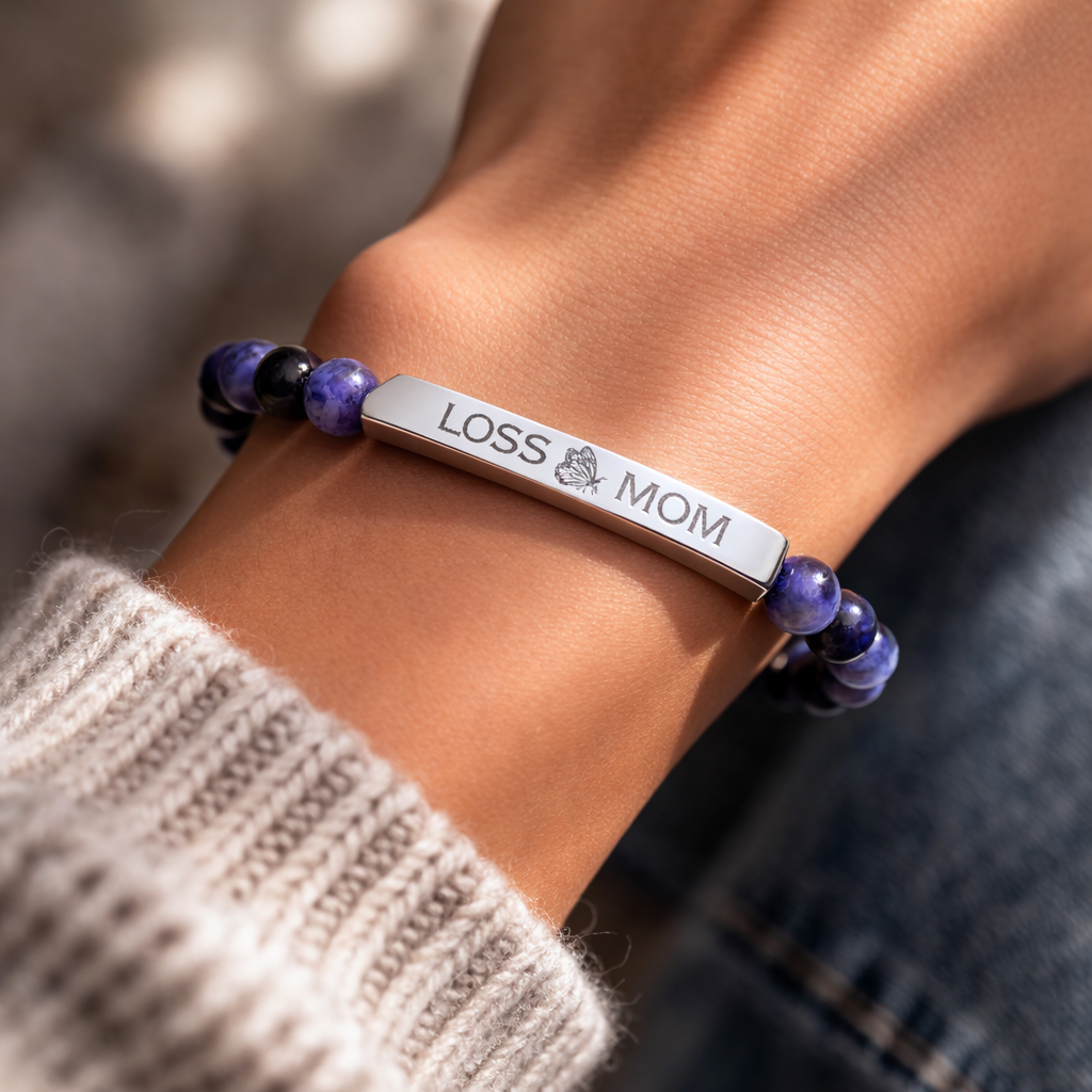 "Loss Mom" Engraved Bracelet — Natural Stone Stretch Bracelet