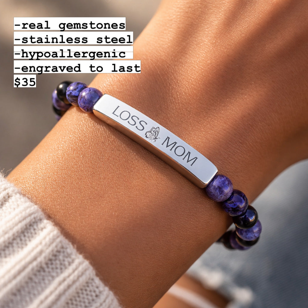 "Loss Mom" Engraved Bracelet — Natural Stone Stretch Bracelet