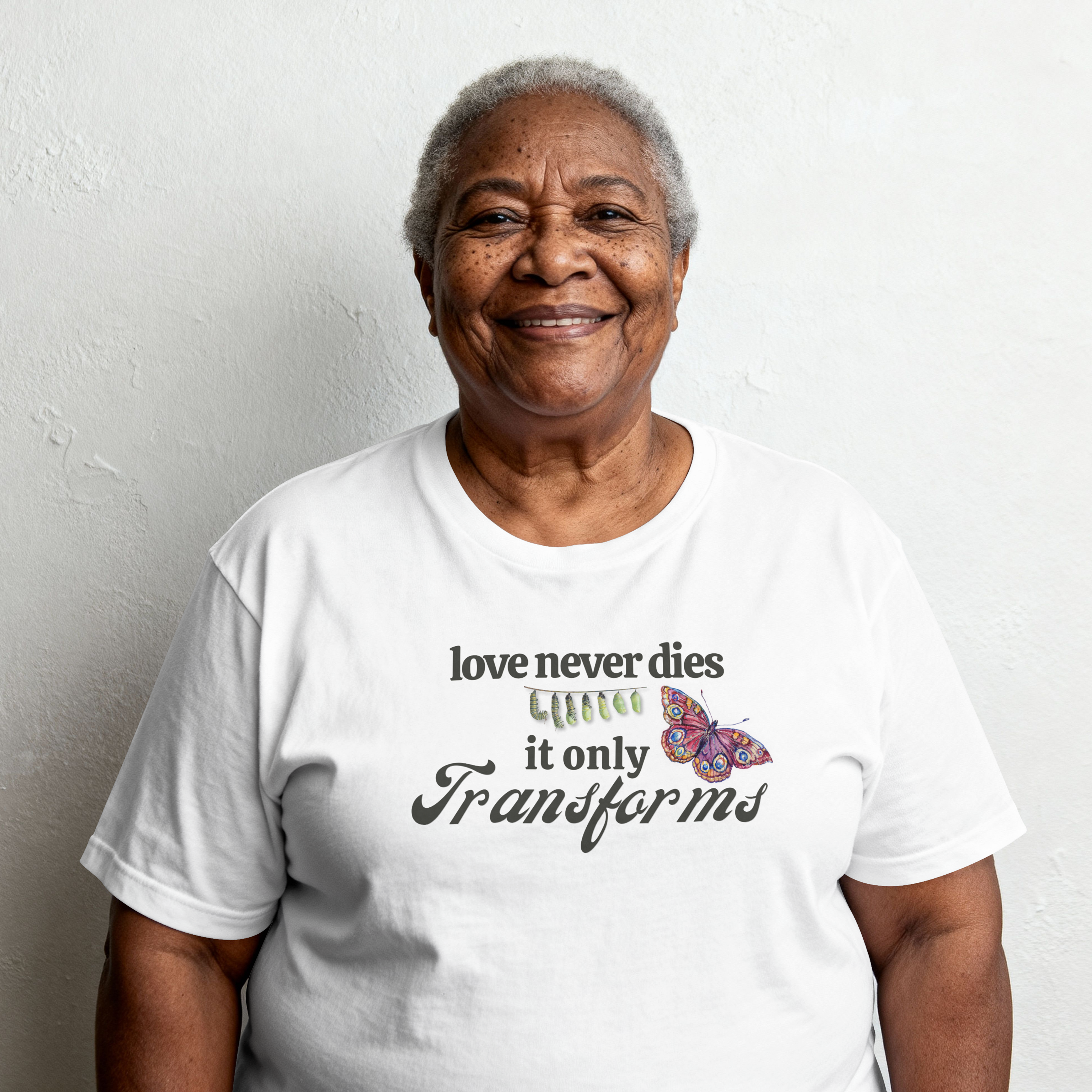 Love Never Dies Tee – Butterfly Transformation Grief Shirt– Memorial Gift – Healing After Loss – Spiritual Butterfly Sign