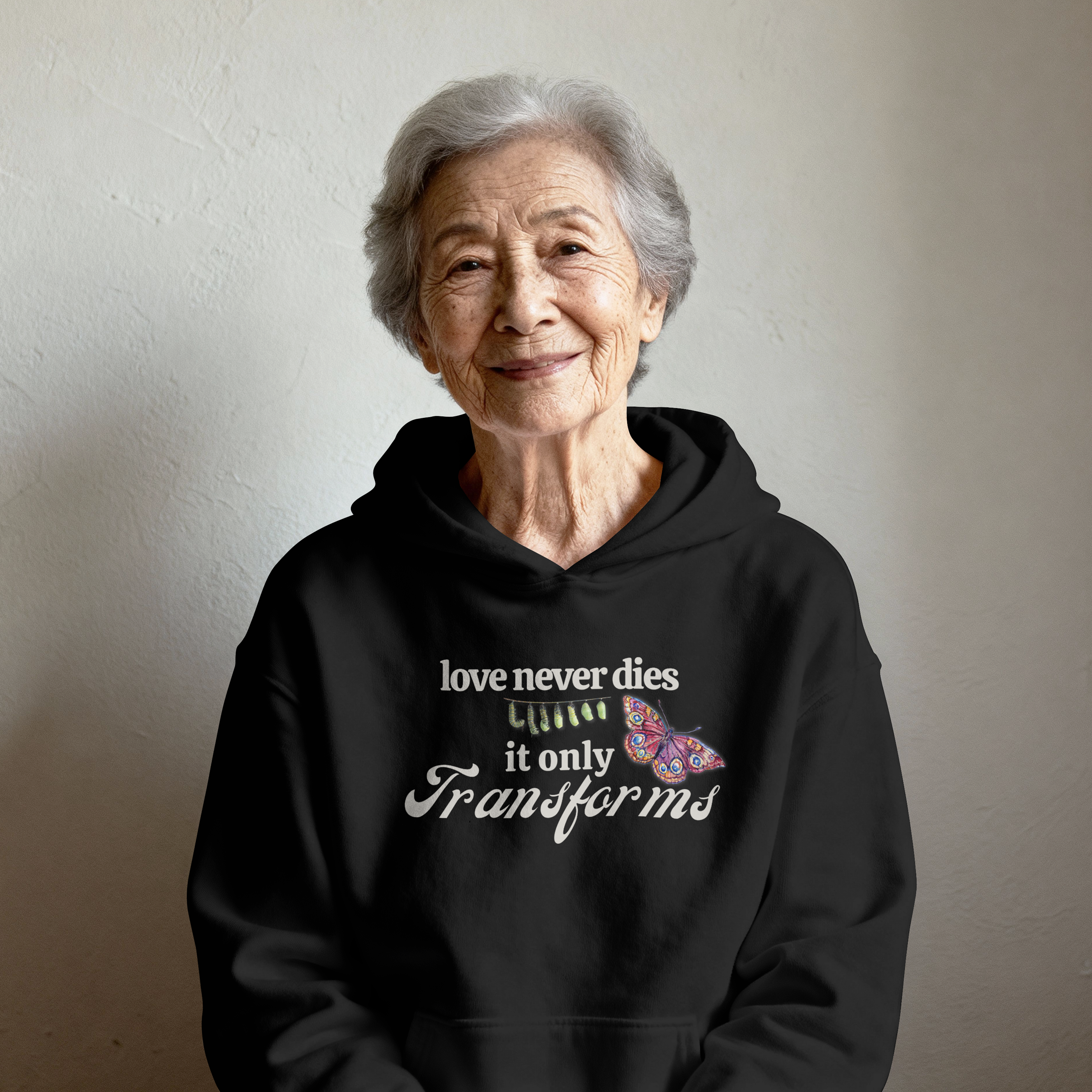 Love Never Dies Hoodie – Butterfly Transformation Grief Hoodie – Memorial Gift – Healing After Loss – Spiritual Butterfly Sign