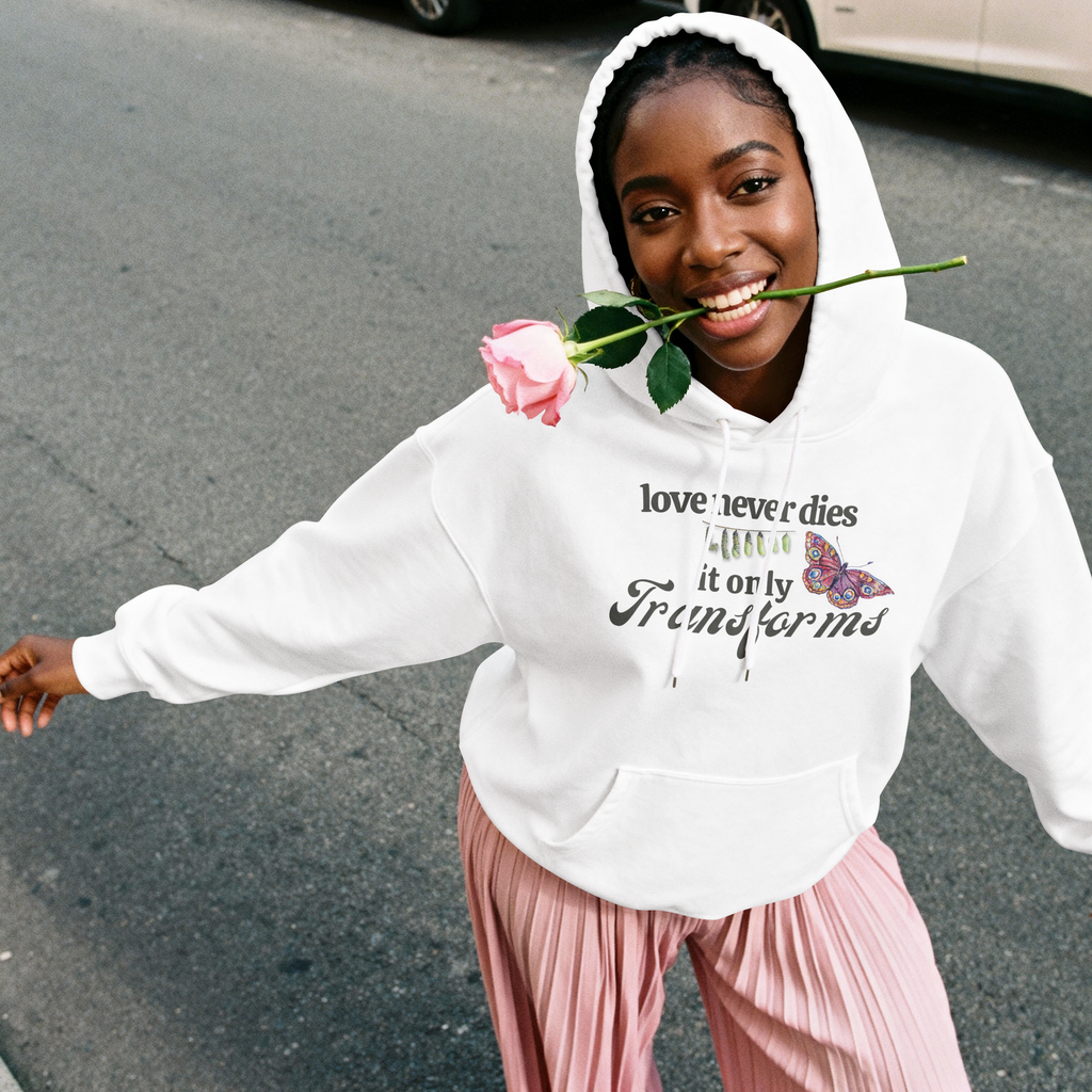 Love Never Dies Hoodie – Butterfly Transformation Grief Hoodie – Memorial Gift – Healing After Loss – Spiritual Butterfly Sign
